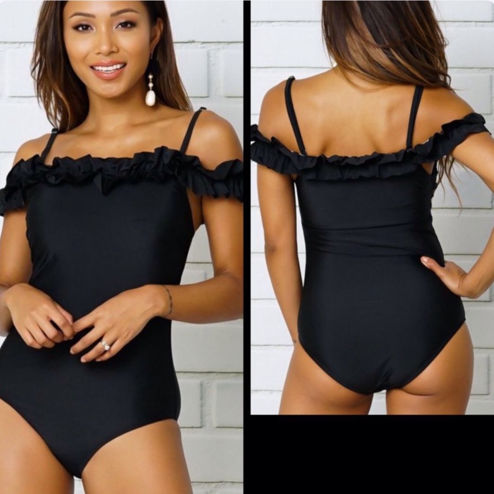 Black Ruffle Off-Shoulder One-Piece Swimsuit -